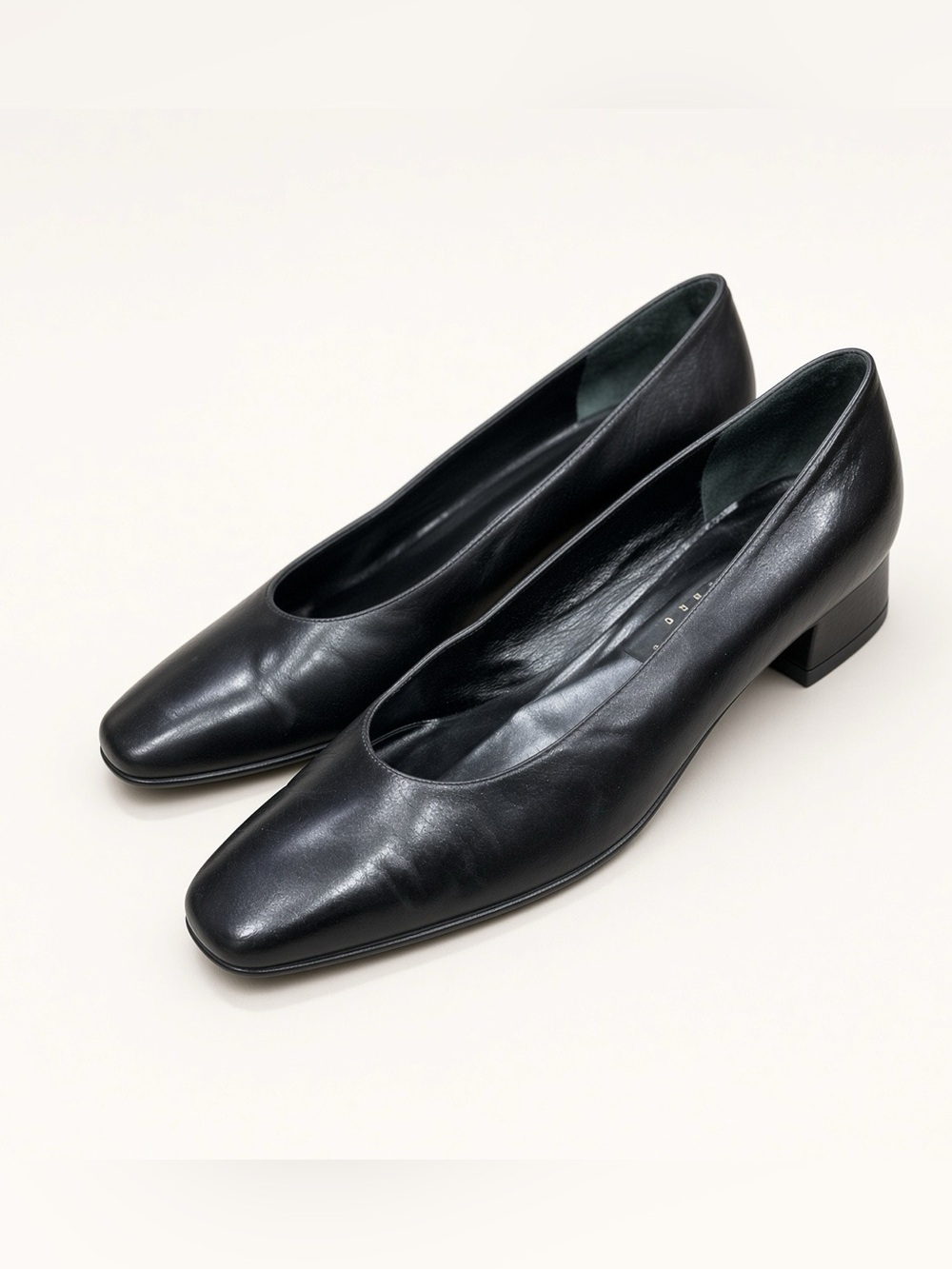 Amalfi Black Leather Square-Toe Low Block Heel Pumps